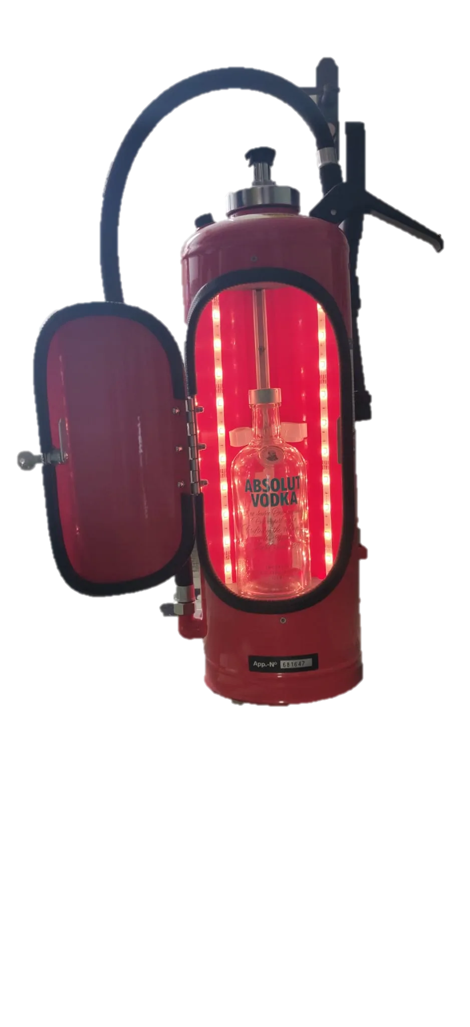 Rote Feuerlöscher-Mini-Bar mit Wodkaflasche und roter LED-Beleuchtung