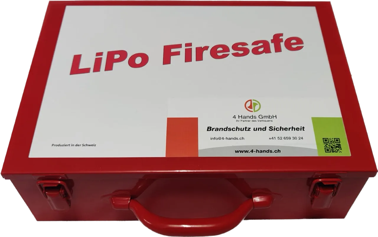 LiPo Firesafe Koffer mit 4-Hands-Beschriftung, geschlossen