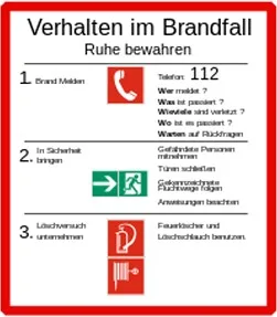 Aushang «Verhalten im Brandfall» mit den Schritten Alarmieren, In Sicherheit bringen, Löschversuch